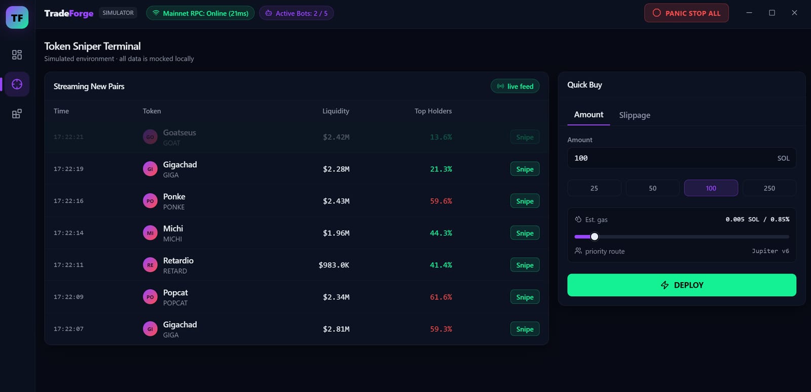 TradeForge Token Sniper Terminal streaming newly launched Solana pairs with time, token, liquidity and top-holder columns beside a Quick Buy panel routing through Jupiter v6