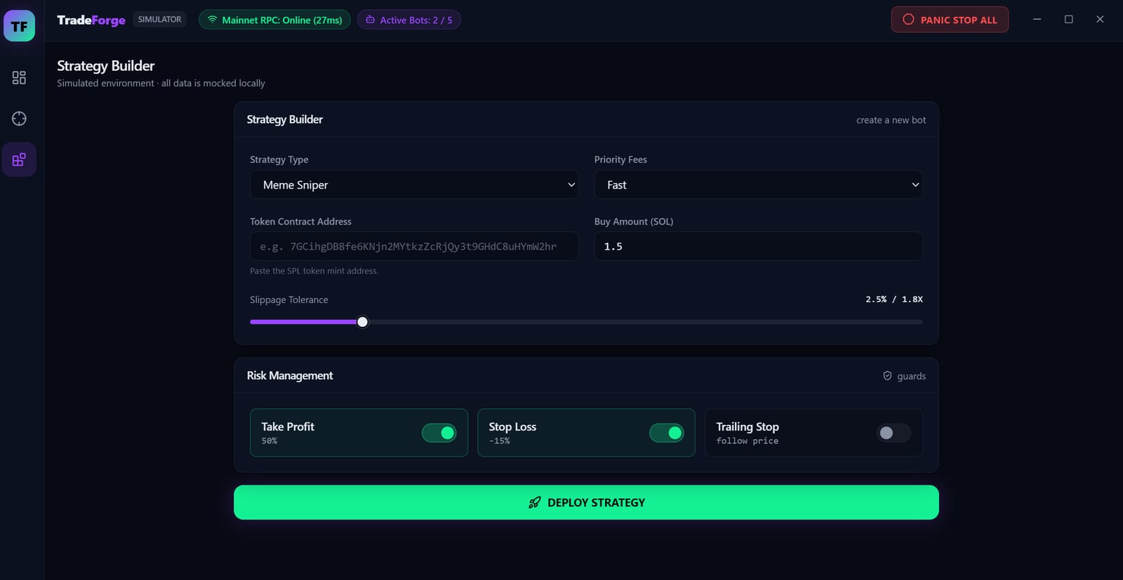 TradeForge Strategy Builder with a Meme Sniper strategy type, priority fees, token contract address, buy amount, slippage tolerance and take-profit / stop-loss / trailing-stop risk-management toggles above a Deploy Strategy button